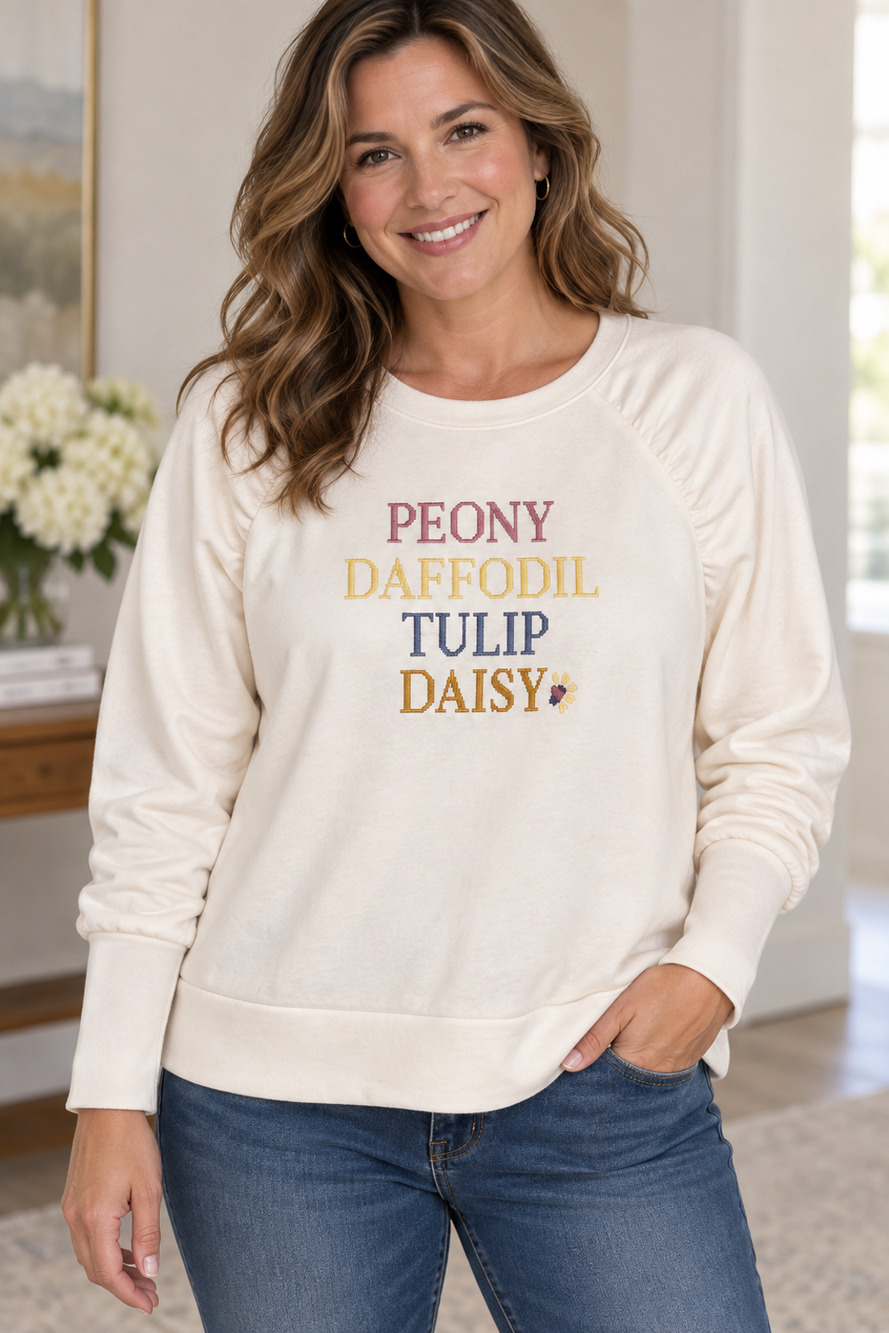 LOFT Womens XL Ivory Floral Graphic Peony Daffodil Tulip Daisy Sweatshirt Casual